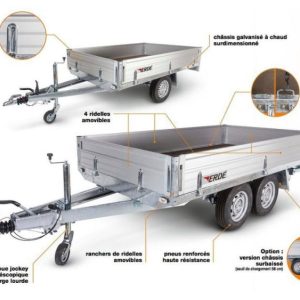 Remorque plateau ridelles aluminium Erde XR262F – 258 x 162 cm – PTAC 1200 à 2000 kg